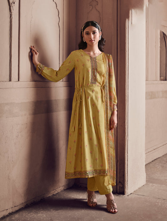 Pure Muslin Printed Suit With Printed Bemberg Chiffon Stripes  Dupatta available in Canary Yellow(Unstitched Suit)