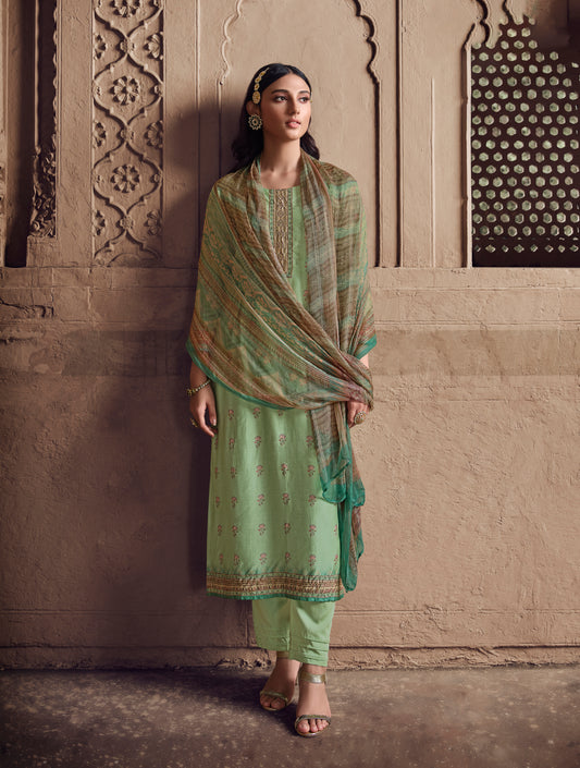 Pure Muslin Printed Suit With Printed Bemberg Chiffon Stripes  Dupatta available in Mint Green(Unstitched Suit)