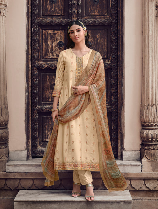 Pure Muslin Printed Suit With Printed Bemberg Chiffon Stripes  Dupatta available in Cream(Unstitched Suit)