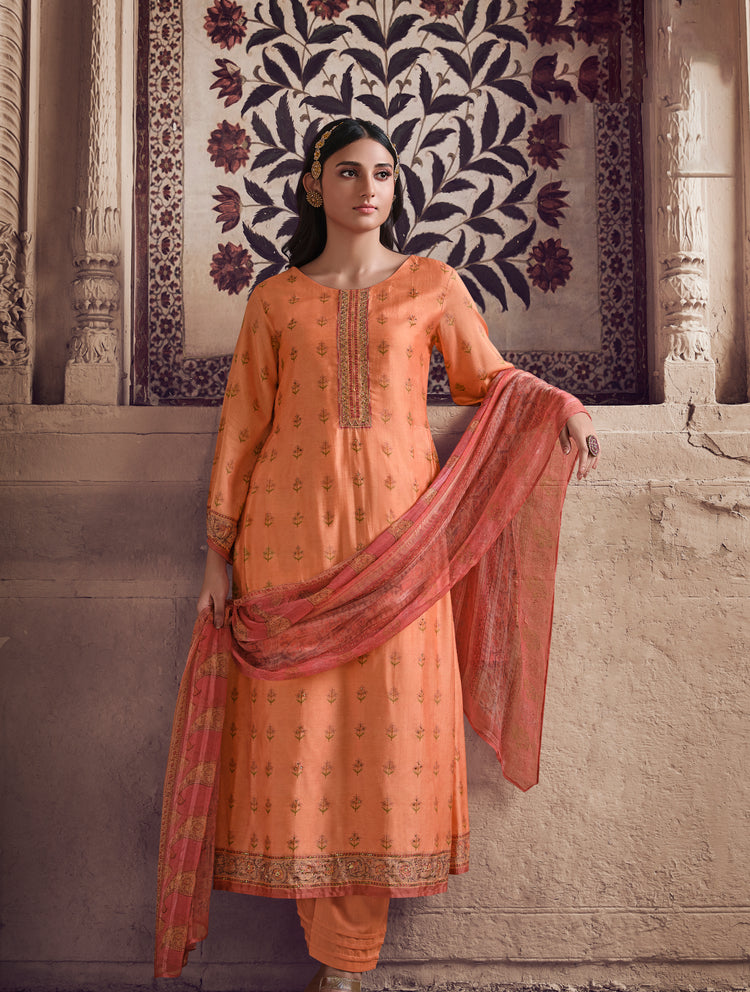 Pure Muslin Printed Suit With Printed Bemberg Chiffon Stripes  Dupatta available in Coral Peach(Unstitched Suit)