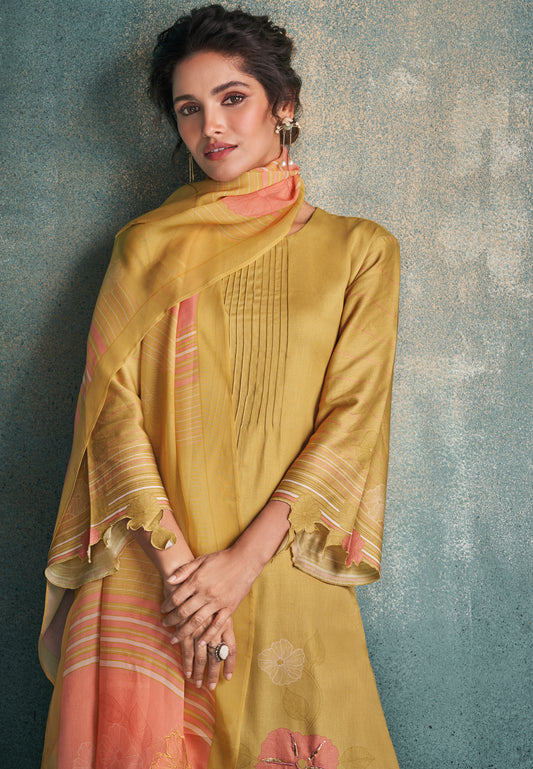 Cotton Satin Printed Suit With Printed Organza Dupatta Available in Minion Yellow