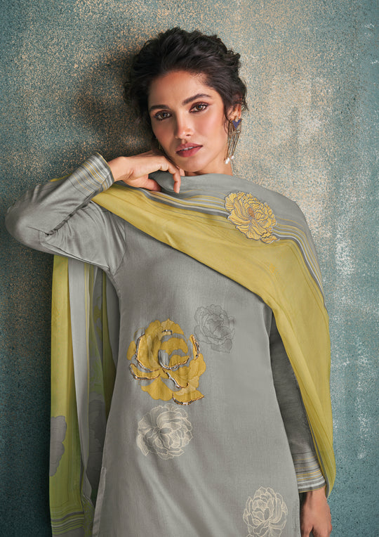 Cotton Satin Printed Suit With Printed Organza Dupatta Available in Grey