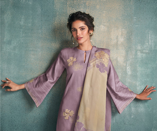 Cotton Satin Printed Suit With Printed Organza Dupatta Available in Priwinkle Purple