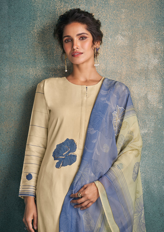 Cotton Satin Printed Suit With Printed Organza Dupatta Available in Beige