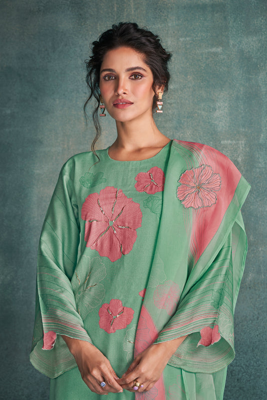 Cotton Satin Printed Suit With Printed Organza Dupatta Available in Mint Green