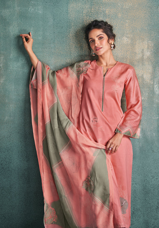 Cotton Satin Printed Suit With Printed Organza Dupatta Available in Selmon Pink