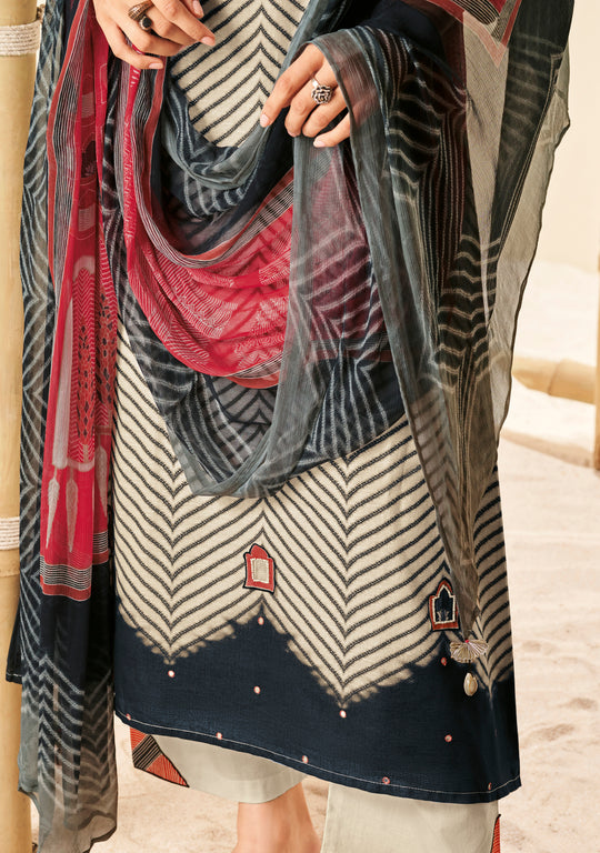 Linen Cotton Print With Handwork Suit With Printed Bemberg Chiffon Dupatta Available in Linen Cream