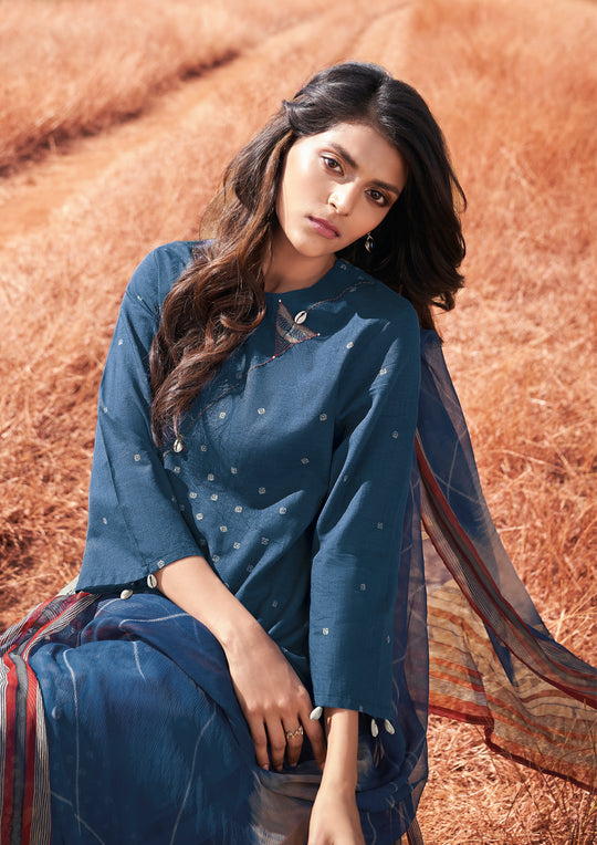 Lawn Cotton Printed Suit With Printed Bemberg Chiffon Dupatta Available in Aegean Blue