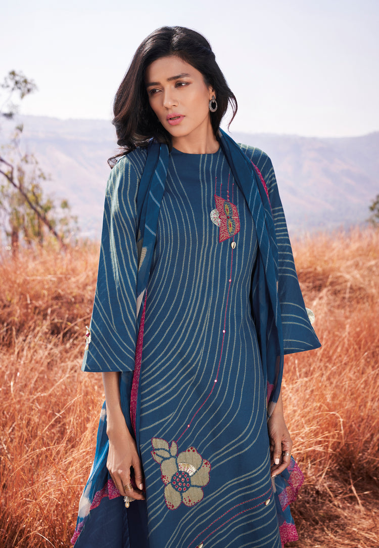 Lawn Cotton Printed Suit With Printed Bemberg Chiffon Dupatta Available in Aegean Blue