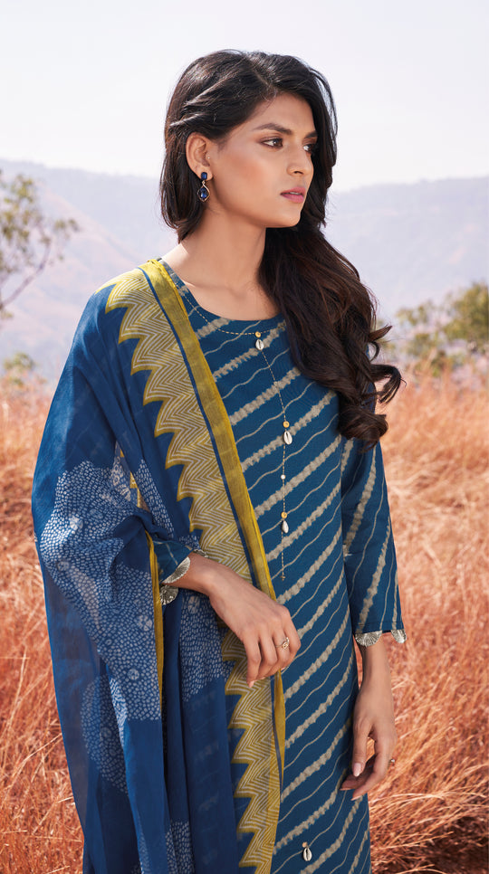 Lawn Cotton Printed Suit With Printed Bemberg Chiffon Dupatta Available in Aegean Blue