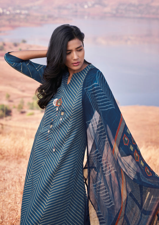 Lawn Cotton Printed Suit With Printed Bemberg Chiffon Dupatta Available in Aegean Blue