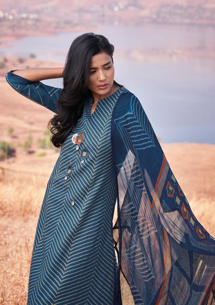 Lawn Cotton Printed Suit With Printed Bemberg Chiffon Dupatta Available in Aegean Blue