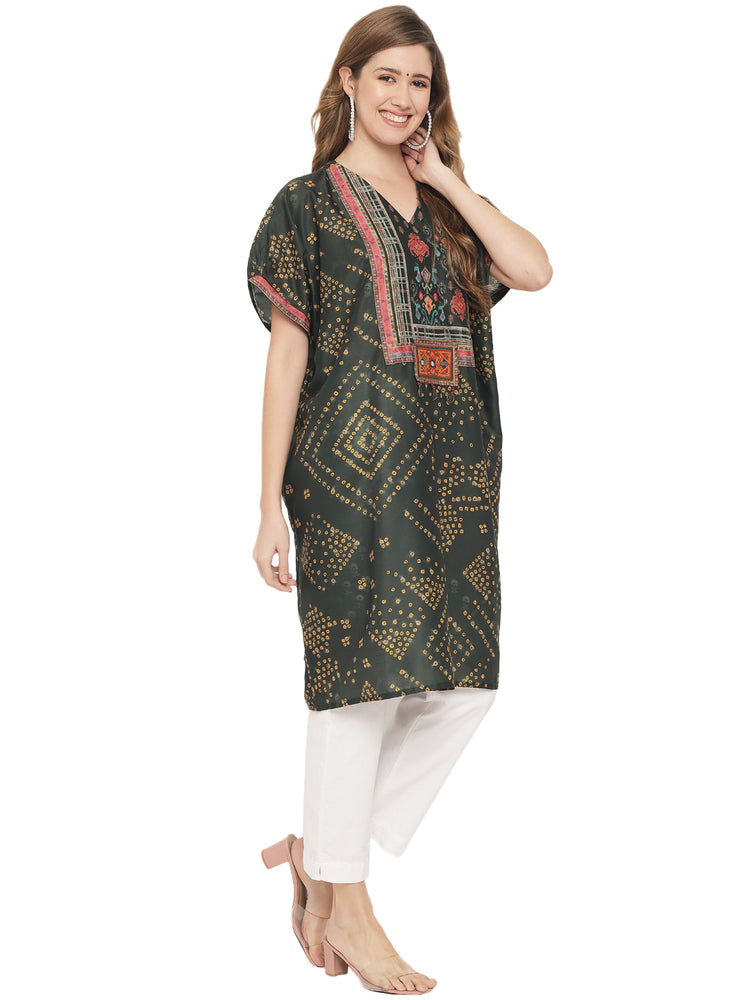 Muslin Printed Short Kaftan in Green(Ready to Wear)