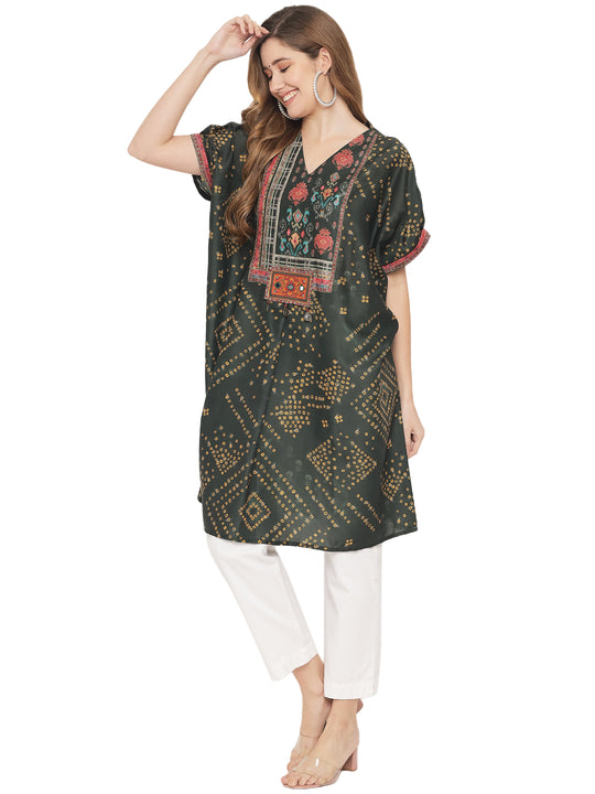 Muslin Printed Short Kaftan in Green(Ready to Wear)