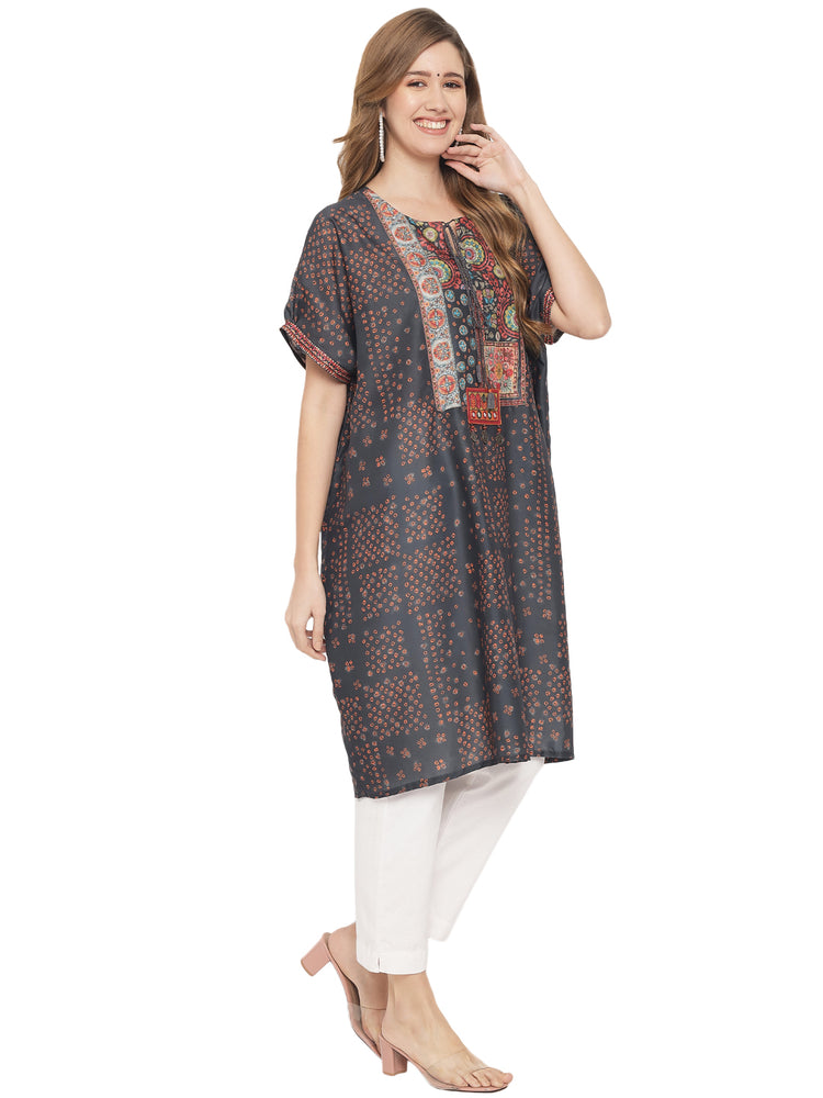 Muslin Printed Short Kaftan in Grey(Ready to Wear)