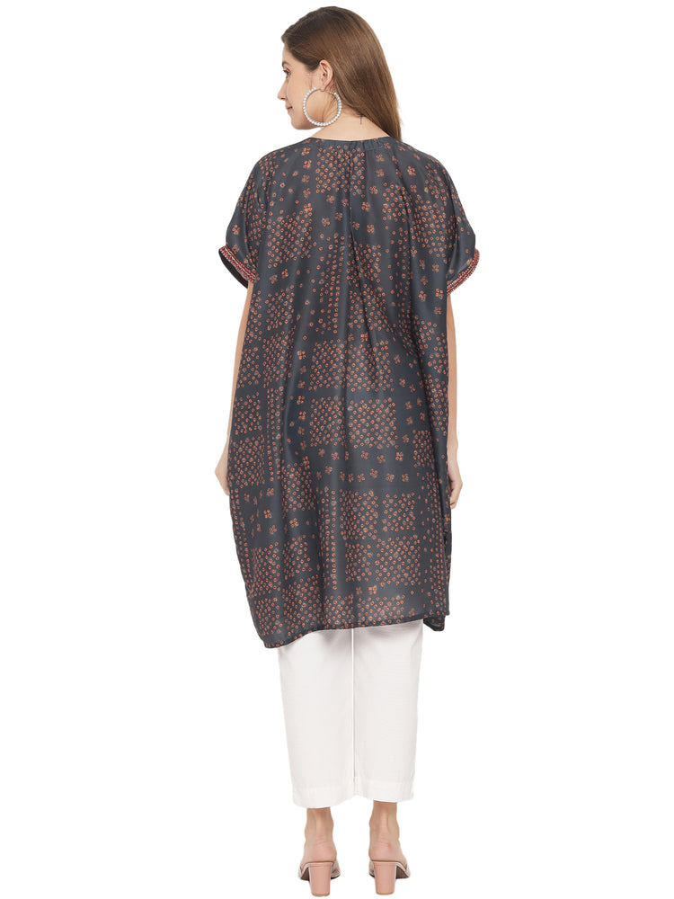 Muslin Printed Short Kaftan in Grey(Ready to Wear)