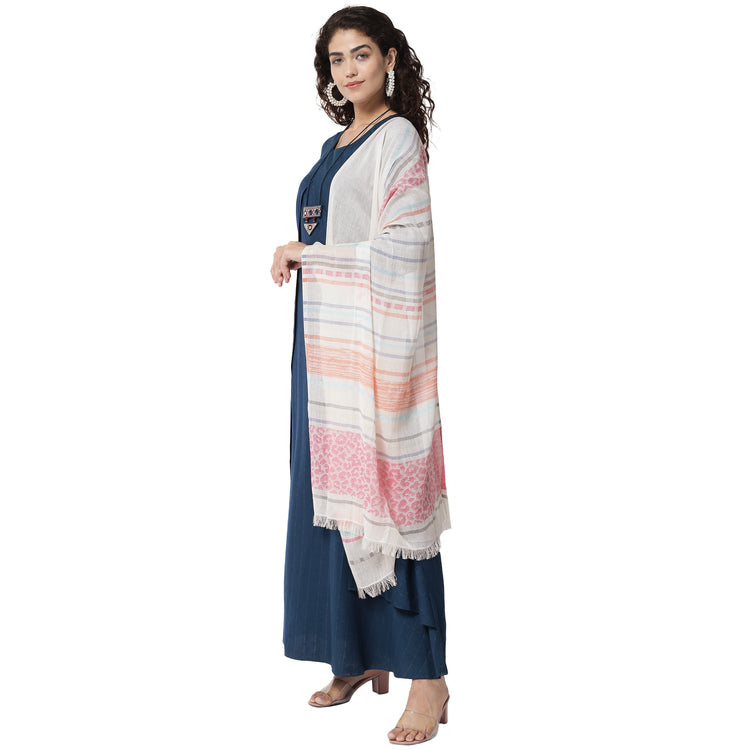 Pure Viscose Floor Length Kurta With Handloom Cottom Weaving Stole Available In Navy Blue