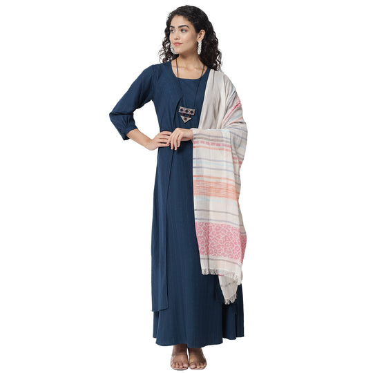 Pure Viscose Floor Length Kurta With Handloom Cottom Weaving Stole Available In Navy Blue