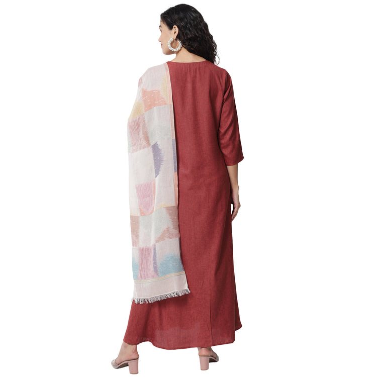 Pure Viscose Floor Length Kurta With Handloom Cottom Weaving Stole Available In Brick