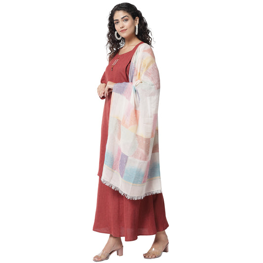 Pure Viscose Floor Length Kurta With Handloom Cottom Weaving Stole Available In Brick