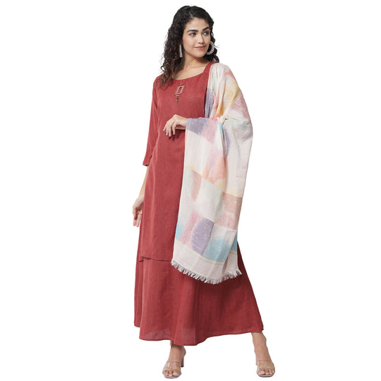 Pure Viscose Floor Length Kurta With Handloom Cottom Weaving Stole Available In Brick