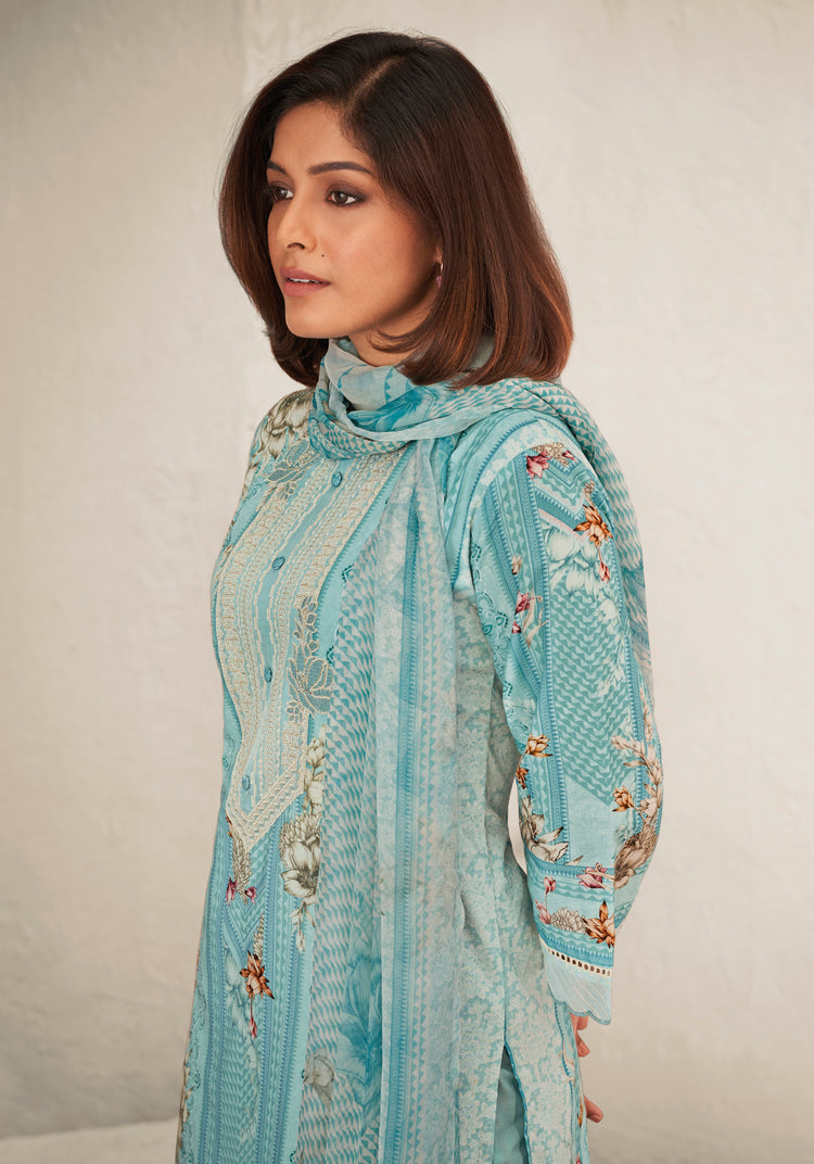 Lawn Cotton Embroidered Suit With Printed Muslin Silk Dupatta Available in Sky Blue