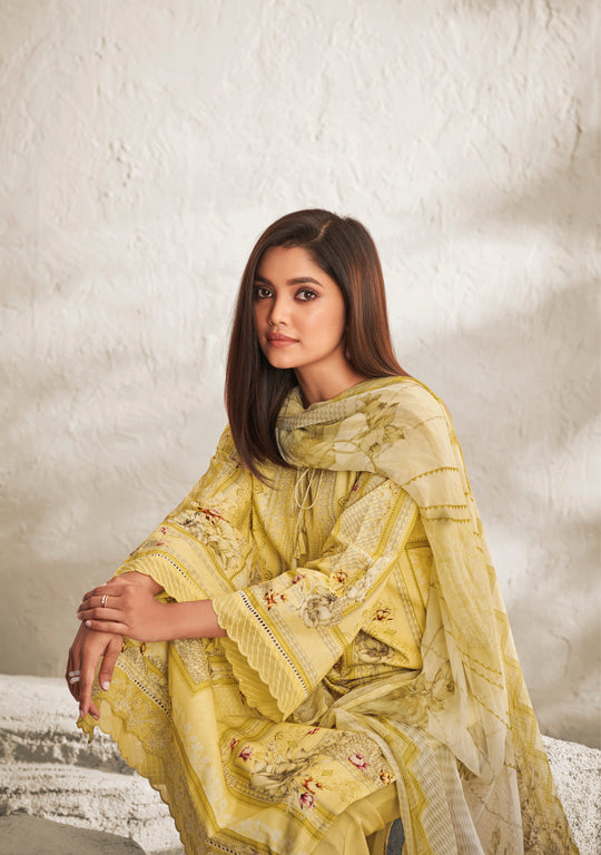 Lawn Cotton Embroidered Suit With Printed Muslin Silk Dupatta Available in Corn Yellow