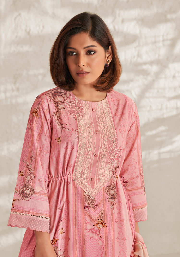 Lawn Cotton Embroidered Suit With Printed Muslin Silk Dupatta Available in Watermelon Pink