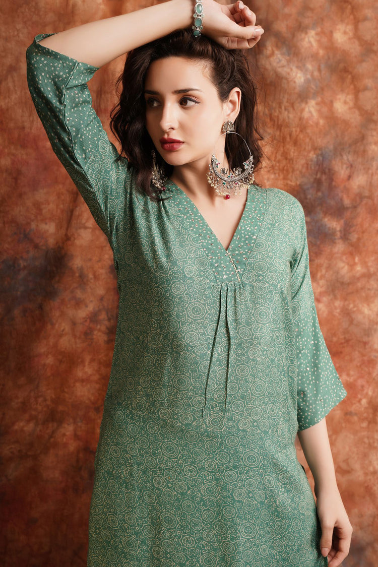 Pure Muslin Printed Kurta With Printed Pure Muslin Pants Available in Persian Green