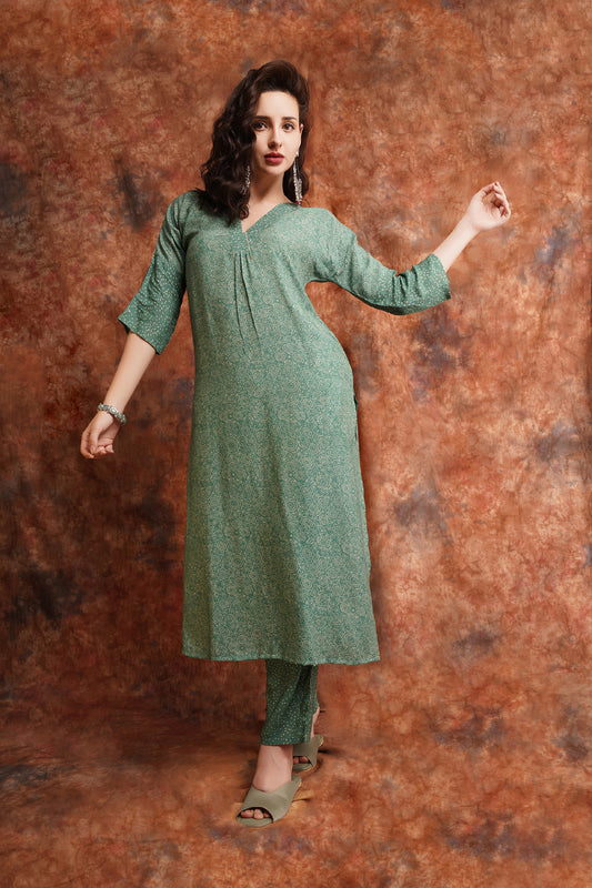 Pure Muslin Printed Kurta With Printed Pure Muslin Pants Available in Persian Green