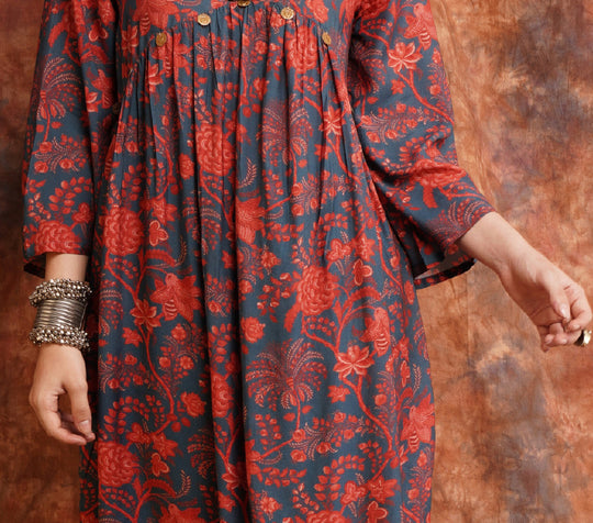 Pure Muslin Printed Kurta With Solid Modal Rexon Plazzo Available in Navy Blue & Red