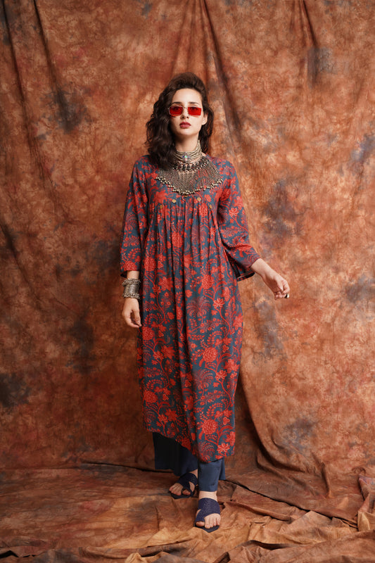 Pure Muslin Printed Kurta With Solid Modal Rexon Plazzo Available in Navy Blue & Red