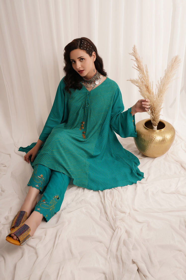 Pure Muslin Printed Kurta With Embroidered Modal Rexon Pants Available in Pine Green