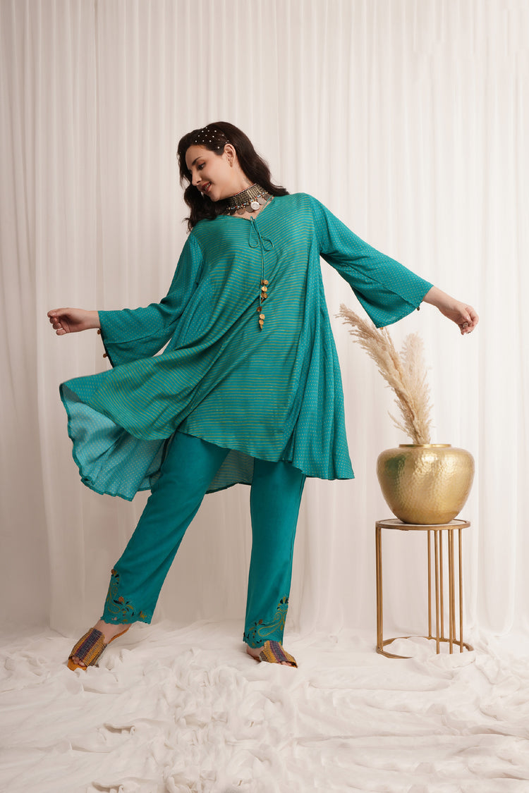 Pure Muslin Printed Kurta With Embroidered Modal Rexon Pants Available in Pine Green