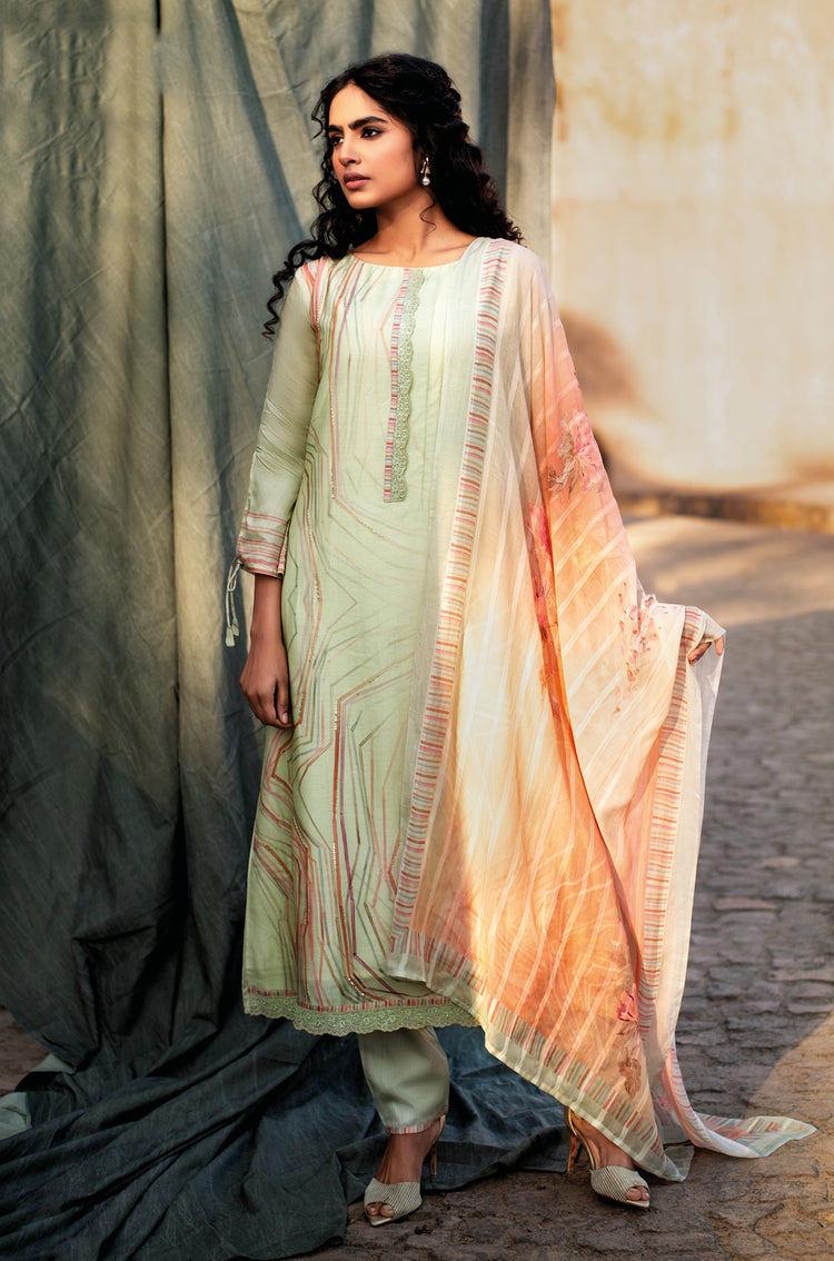 Pure Muslin Print With Handwork Suit With Bemberg Pattern Dupatta Available in Tea Green