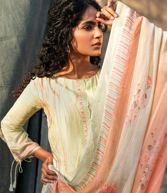 Pure Muslin Print With Handwork Suit With Bemberg Pattern Dupatta Available in Tea Green