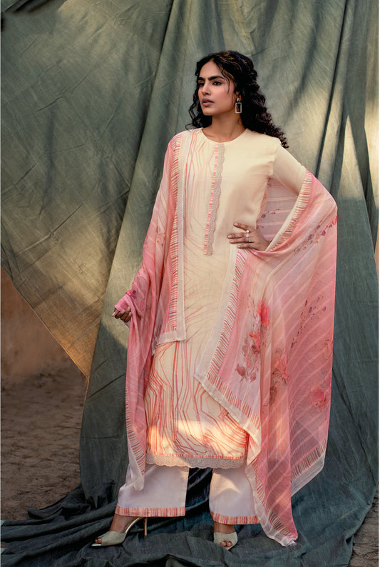 Pure Muslin Print With Handwork Suit With Bemberg Pattern Dupatta Available in Cream