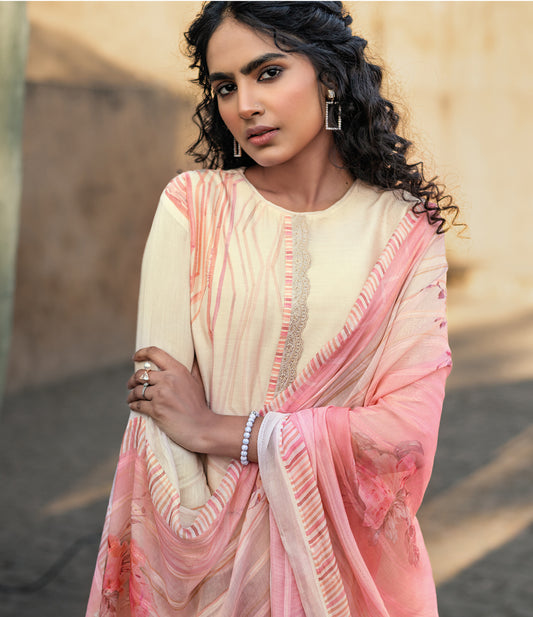 Pure Muslin Print With Handwork Suit With Bemberg Pattern Dupatta Available in Cream