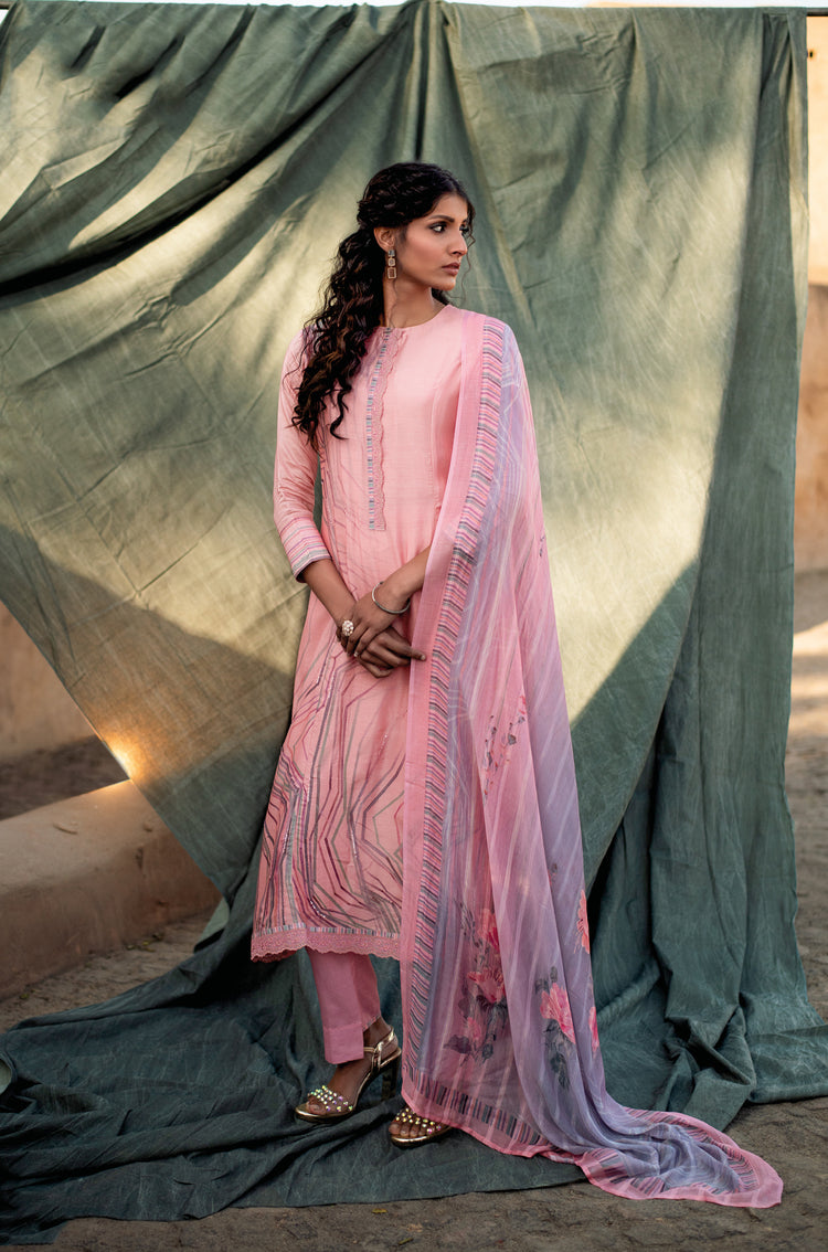 Pure Muslin Print With Handwork Suit With Bemberg Pattern Dupatta Available in Lemonade Pink