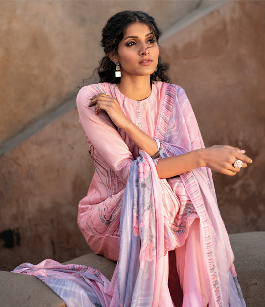 Pure Muslin Print With Handwork Suit With Bemberg Pattern Dupatta Available in Lemonade Pink