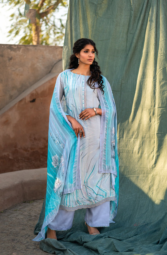 Pure Muslin Print With Handwork Suit With Bemberg Pattern Dupatta Available in Light Blue