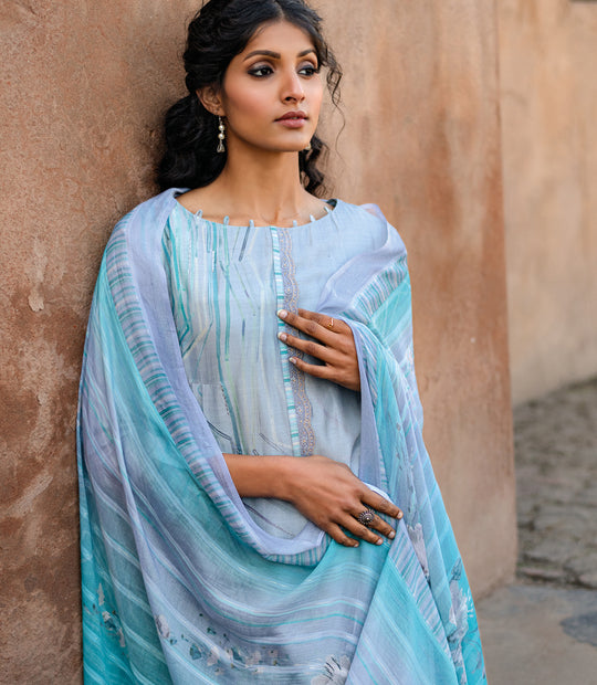 Pure Muslin Print With Handwork Suit With Bemberg Pattern Dupatta Available in Light Blue