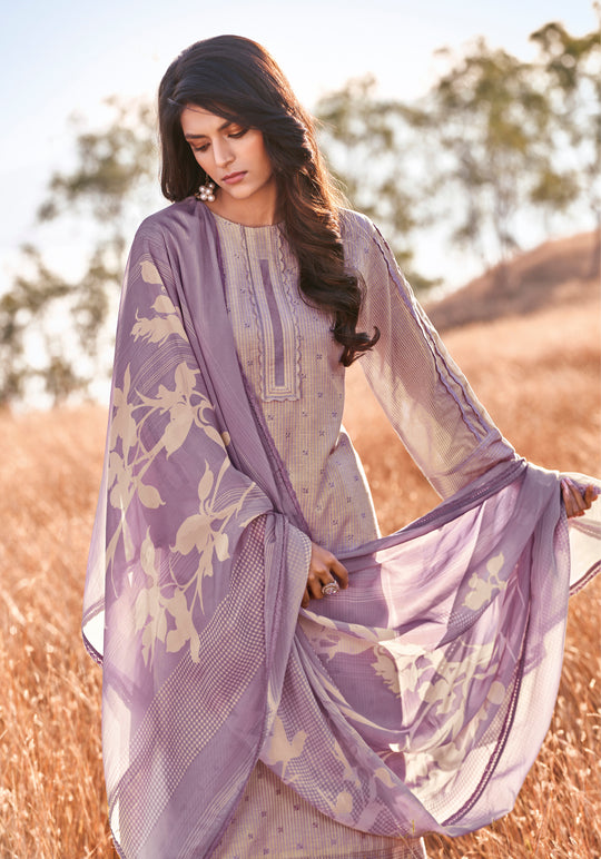 Linen Cotton Embroidered Suit With Printed Organza Dupatta Available in Lavender