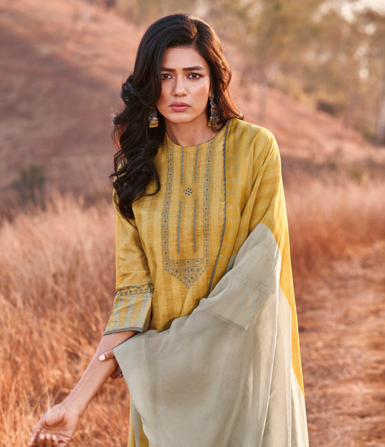 Linen Cotton Embroidered Suit With Printed Organza Dupatta Available in Yellow