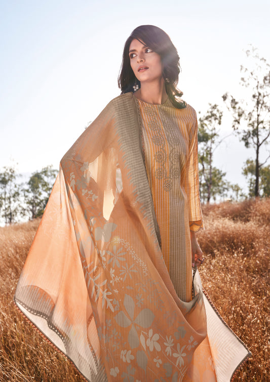 Linen Cotton Embroidered Suit With Printed Organza Dupatta Available in Tangerine Orange