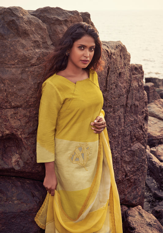 Linen Cotton Embroidered Suit With Printed Organza Dupatta Available in Munsell Yellow