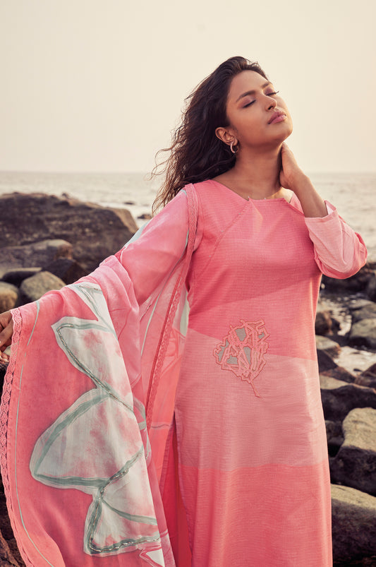 Linen Cotton Embroidered Suit With Printed Organza Dupatta Available in Watermelon Pink