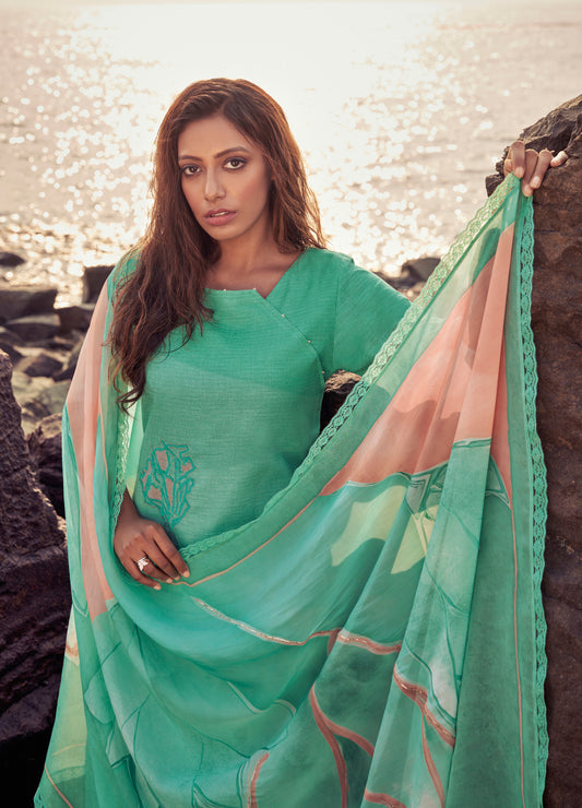 Linen Cotton Embroidered Suit With Printed Organza Dupatta Available in Mint Green