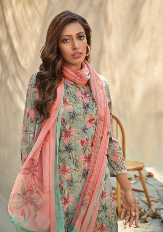 Lawn Cotton Embroidered Suit With Printed Bemberg Chiffon Dupatta Available in Teal Blue