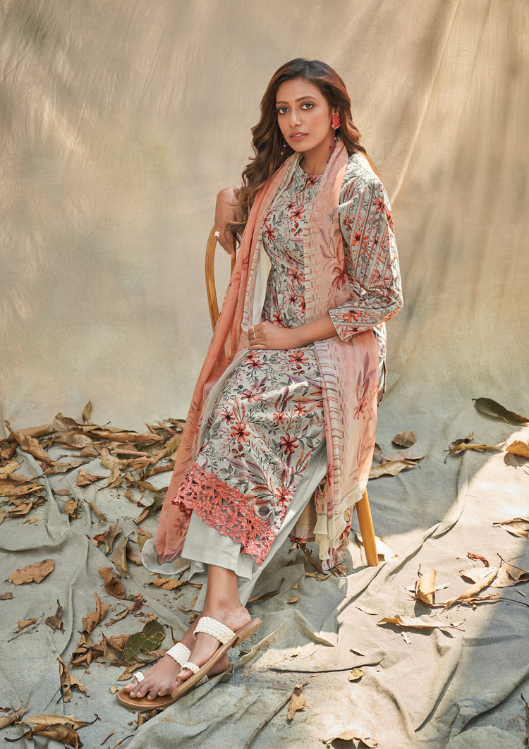 Lawn Cotton Embroidered Suit With Printed Bemberg Chiffon Dupatta Available in Cloud Grey